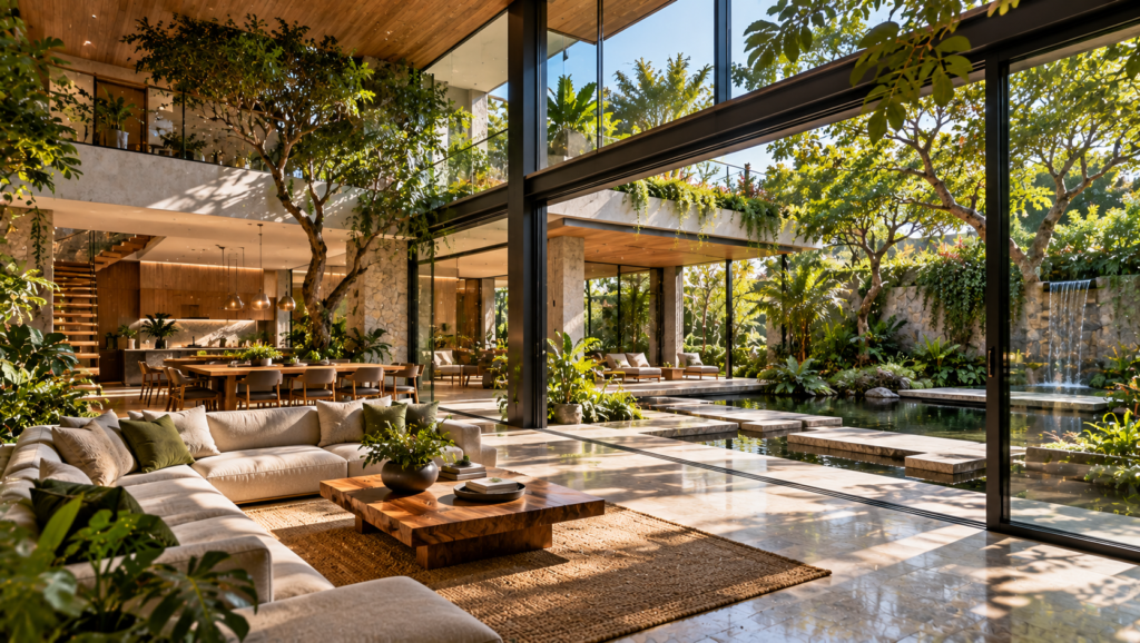 Contemporary interior demonstrating plants, natural light, timber and views of nature