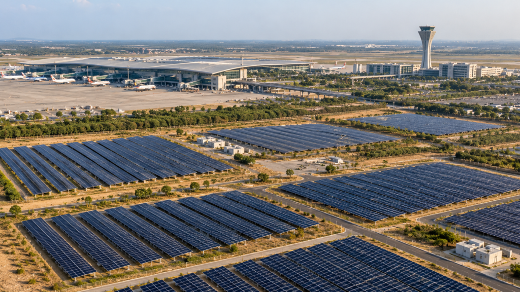 Solar photovoltaic arrays used to generate renewable electricity at Hyderabad Airport.