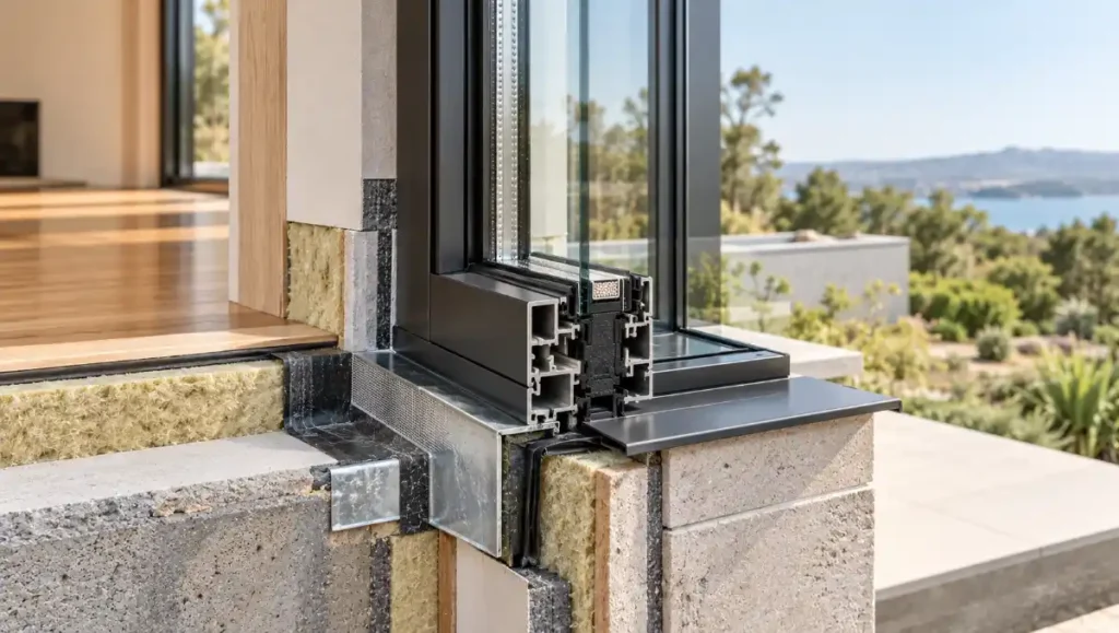 Thermally broken aluminium window installed in an insulated wall with perimeter sealing and flashing.