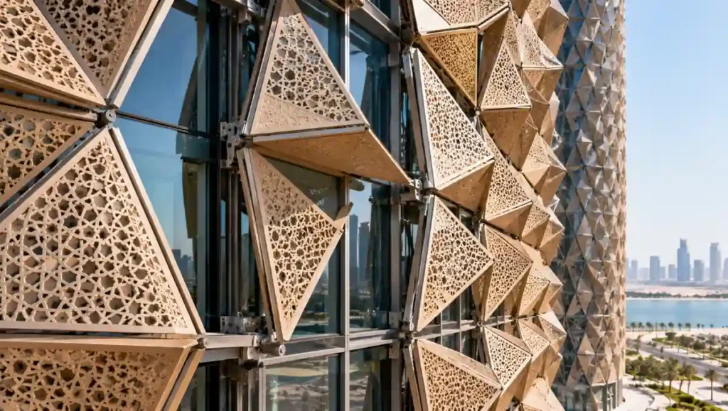 Close-up of triangular kinetic mashrabiya panels on Al Bahar Towers.