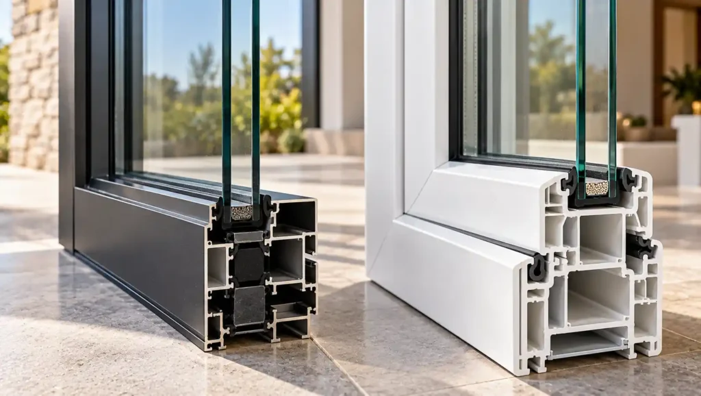 Close-up comparison of aluminium and uPVC window frame construction