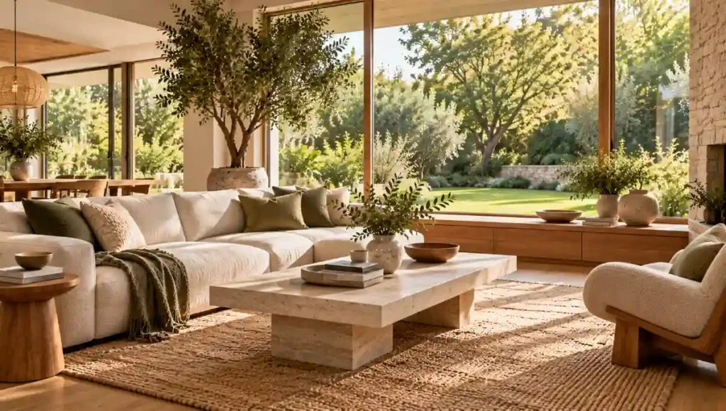 Sunlit living room with garden views, natural wood furniture and indoor greenery.
