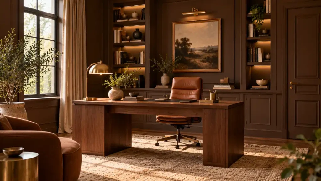 Chocolate brown home office with matching painted walls, trim and doors.