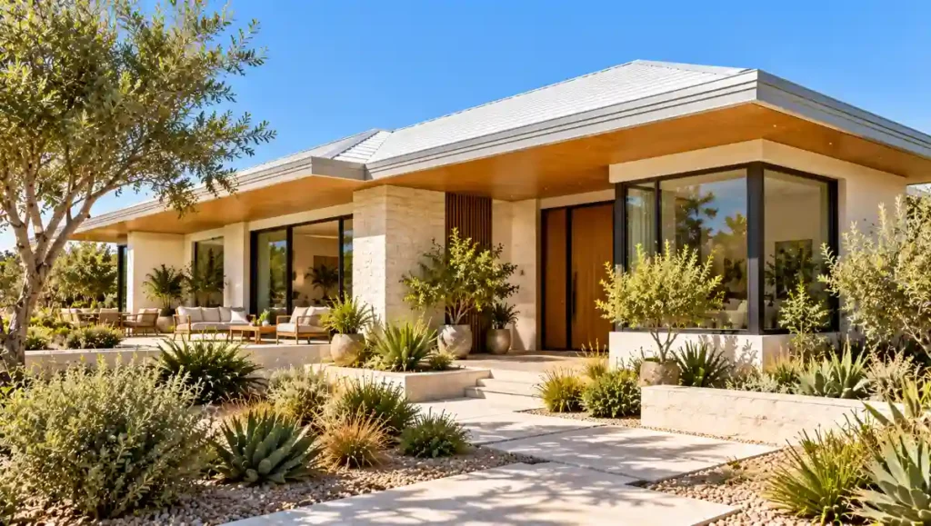 Contemporary home with a light-colored reflective roof, deep eaves and shaded windows in a sunny climate.