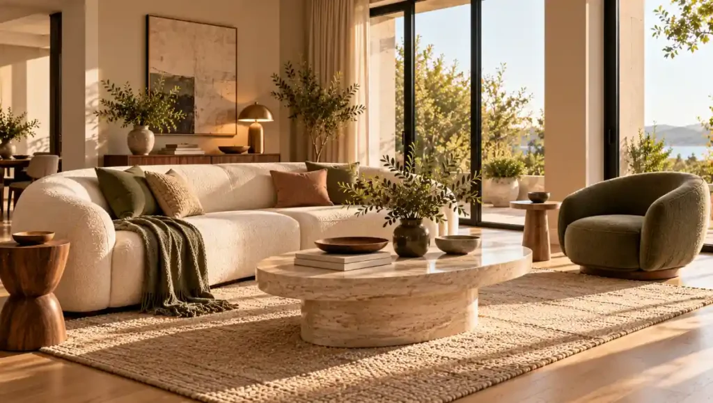 Curved cream sofa and oval stone coffee table in a modern neutral living room.