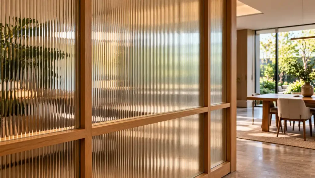 Fluted glass partition with a timber frame in a contemporary interior.