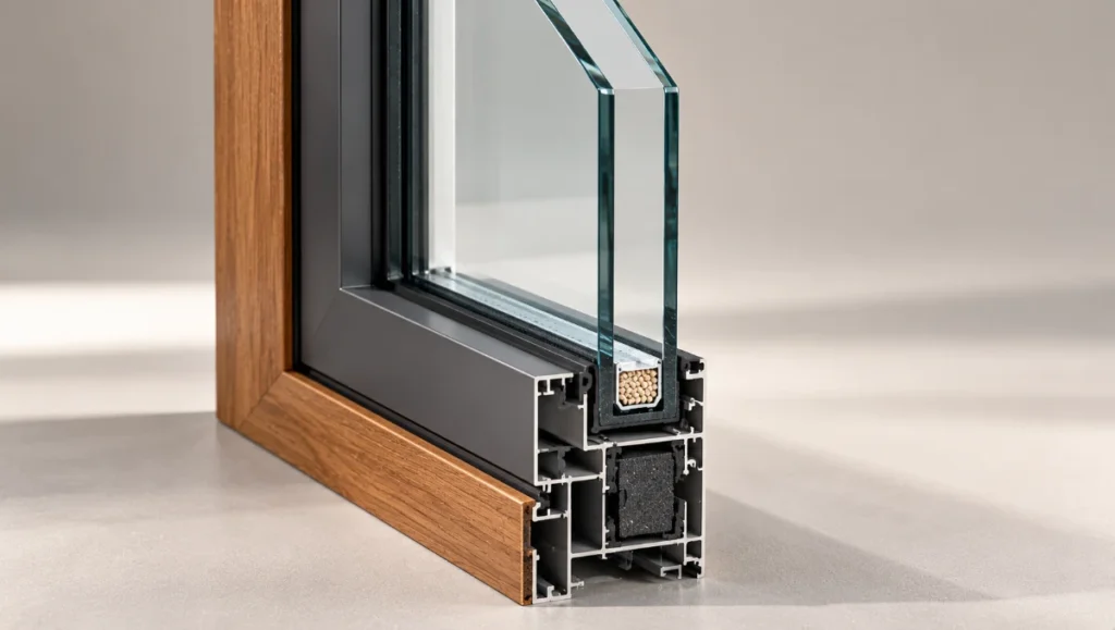 Cutaway of double glazing showing two panes separated by one sealed insulating cavity.
