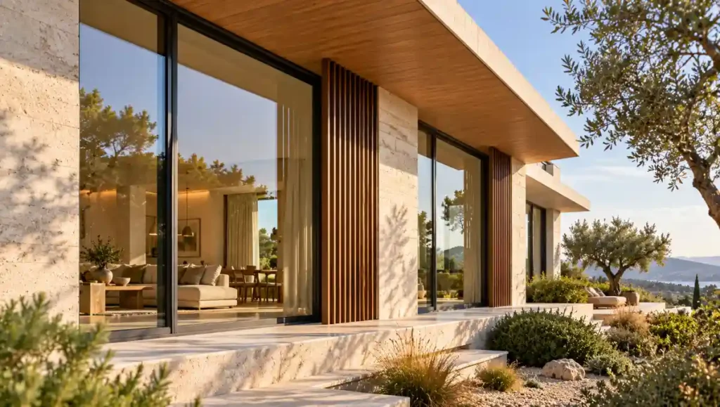 Contemporary home with shaded energy-efficient windows and exterior solar protection.