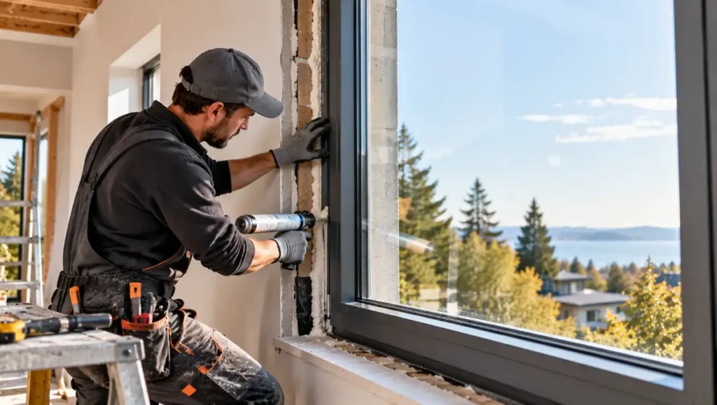 Window installer positioning and sealing an energy-efficient residential window frame.