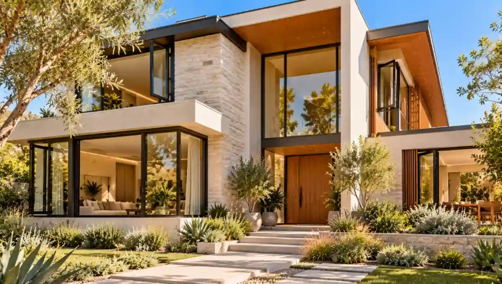 Modern house with shaded slim-frame windows, deep reveals and operable glazing sections.