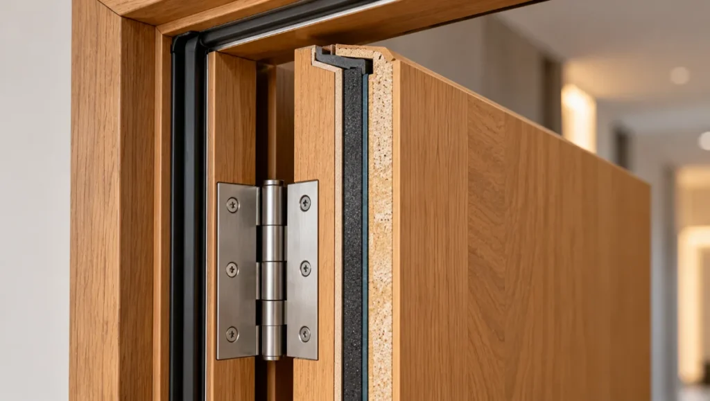 Close-up of intumescent and smoke seals fitted around a fire door frame.
