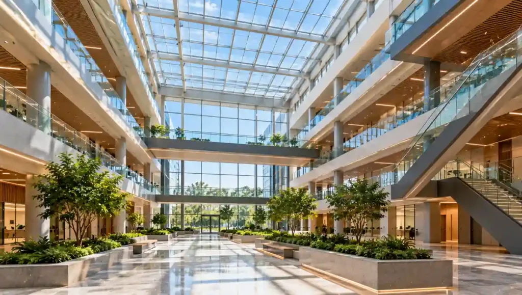 Multi-storey public building atrium with a large glazed roof and open circulation spaces.