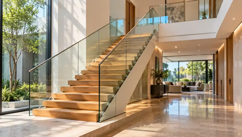 Contemporary oak staircase with clear glass balustrades and concealed supports.