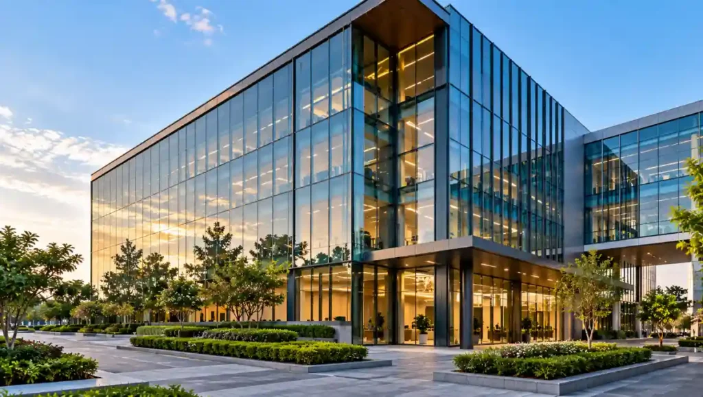 Commercial office building featuring a large glazed curtain wall facade.