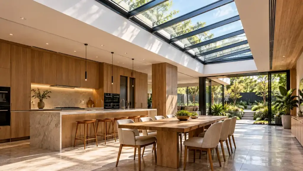 Contemporary kitchen with a large roof skylight providing natural daylight.