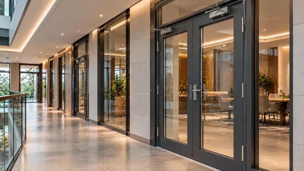 Modern office corridor with framed glazed fire doors.