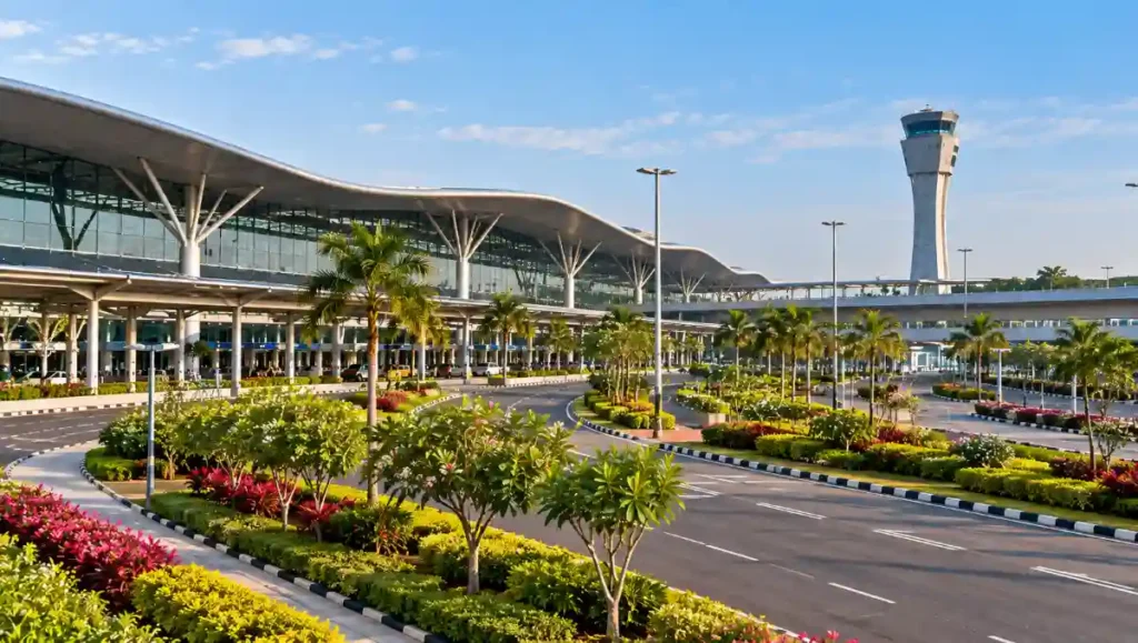 Landscaped grounds and green spaces surrounding Hyderabad Airport infrastructure.