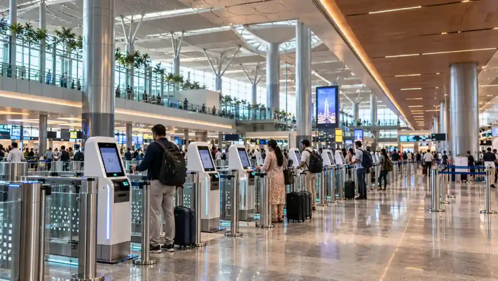Passenger-processing technology and self-service facilities inside Hyderabad Airport.