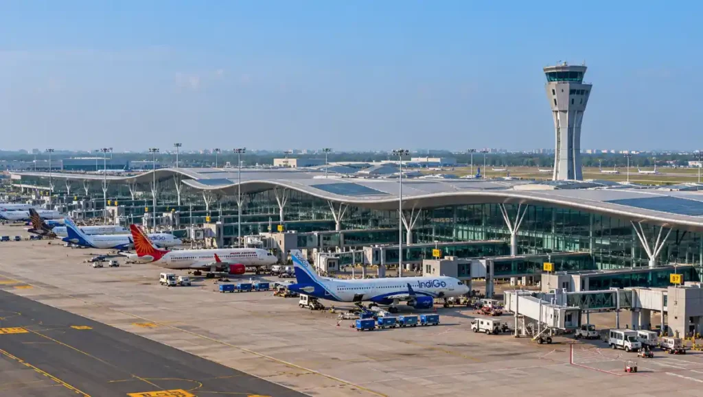 Expanded passenger terminal and associated airport infrastructure at Hyderabad Airport.