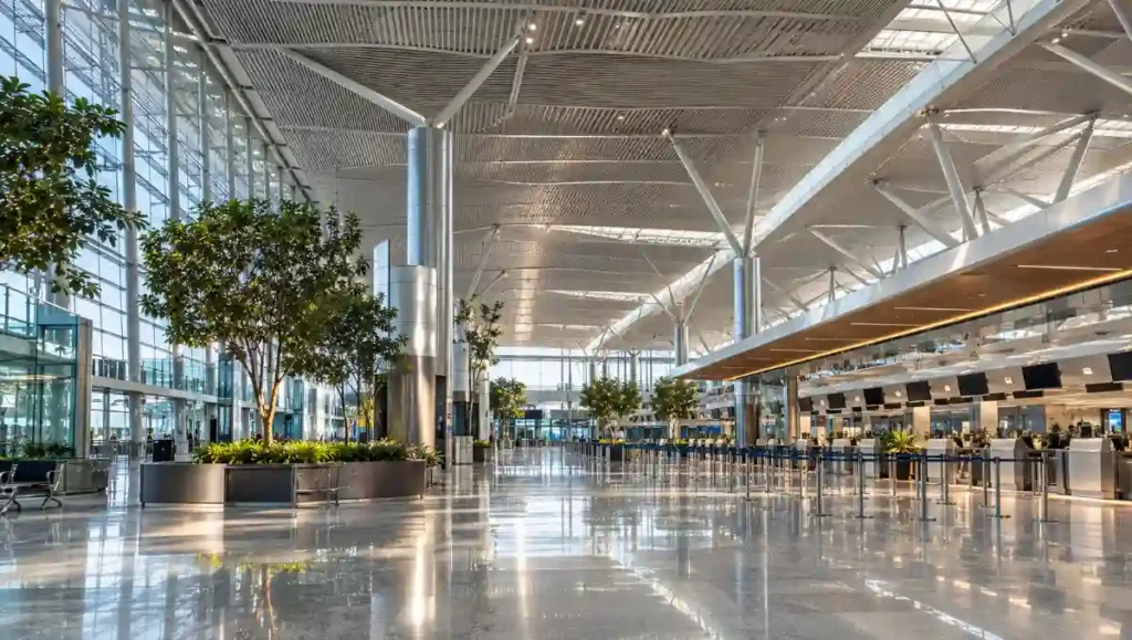 Interior of Hyderabad Airport's passenger terminal with circulation and check-in areas.