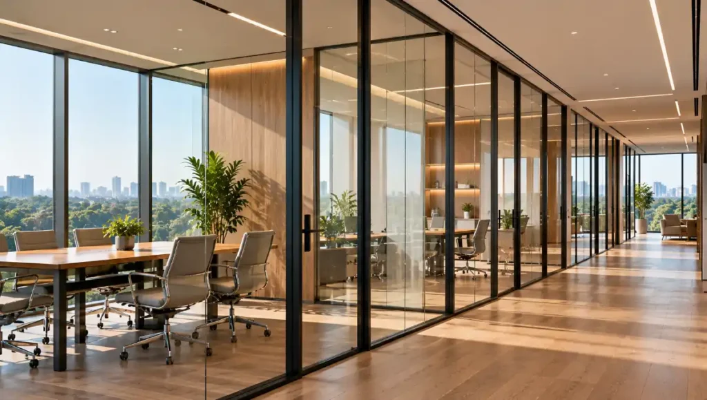 Modern office with full-height glass partitions dividing meeting and work areas.