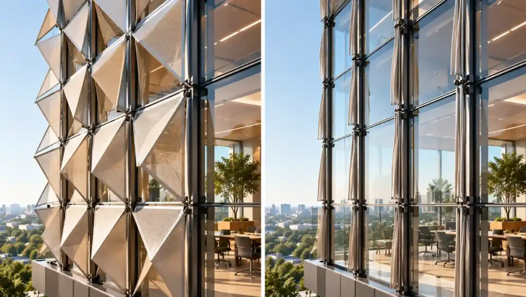 Comparison of deployed and retracted kinetic facade shading modules.