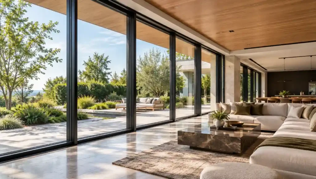 Modern living room with large thermally broken aluminium windows overlooking a landscaped garden.