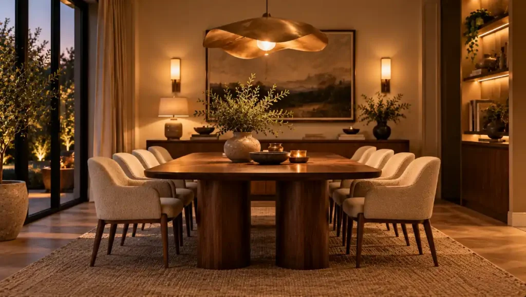 Dining room featuring pendant, wall and accent lighting around a walnut table.