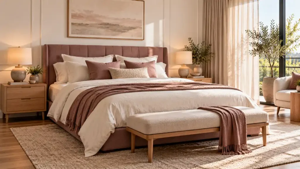 Elegant bedroom combining a mauve headboard with ivory bedding and oak furniture.