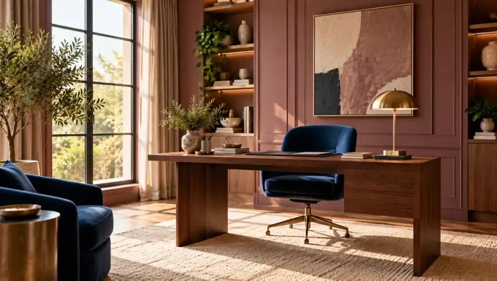 Mauve home office with a navy upholstered chair, walnut desk and brass lighting.