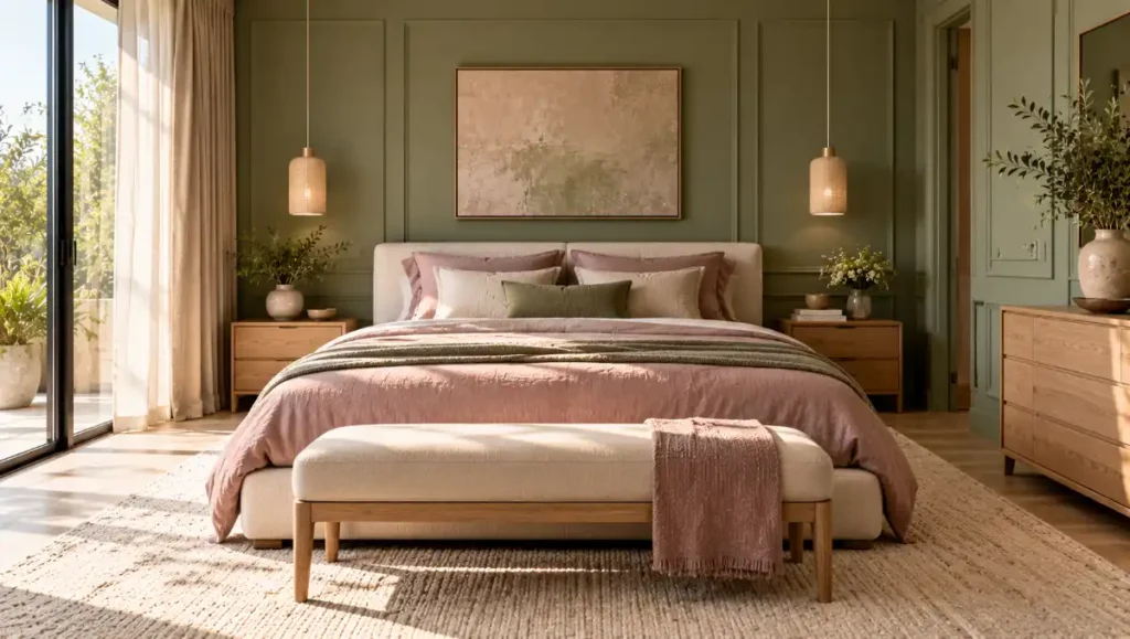 Sage green bedroom wall paired with mauve bedding and cream upholstered furniture.