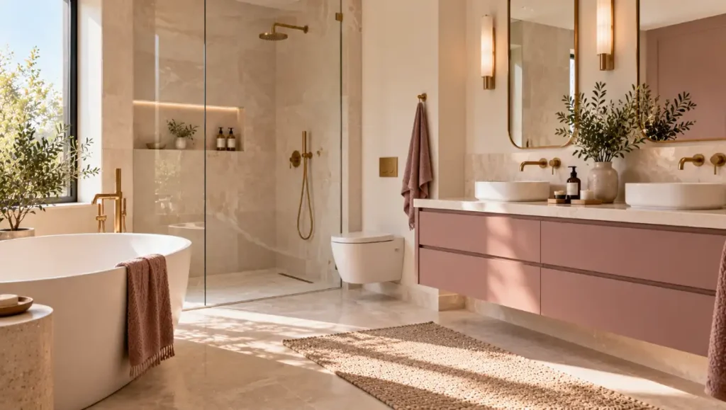 Contemporary bathroom with a muted mauve vanity, ivory tiles and brass fixtures.