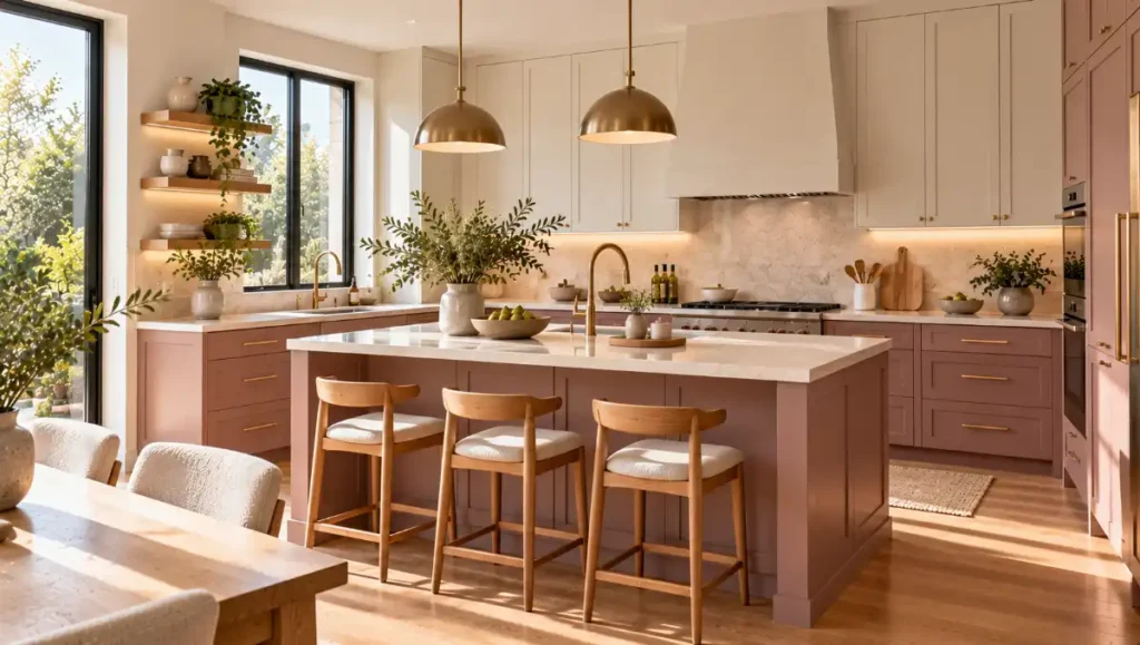Modern kitchen with dusty mauve lower cabinets, white upper cabinets and cream stone worktops.