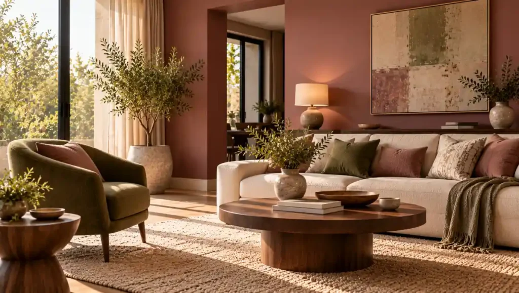 Mauve living room with an olive green accent chair, beige sofa and timber furniture.