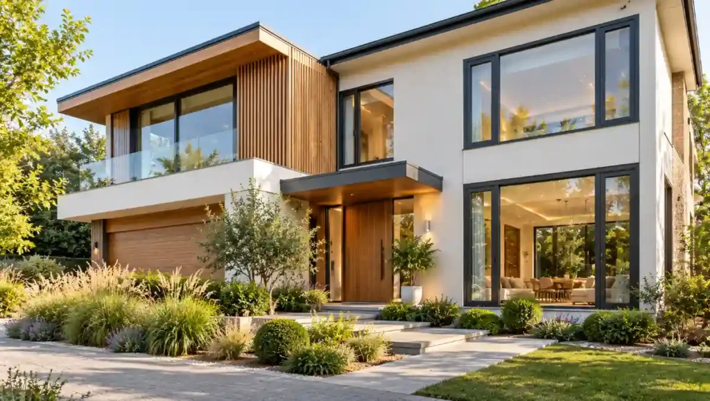 Contemporary two-storey home with dark grey uPVC windows and light exterior walls.