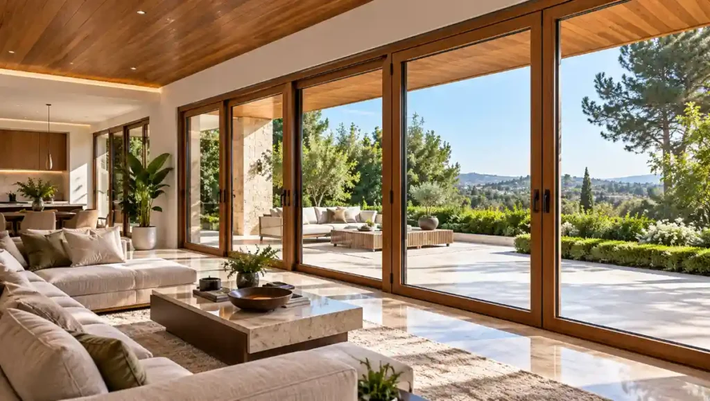 Large glazed uPVC doors connecting a contemporary living room with a landscaped terrace.