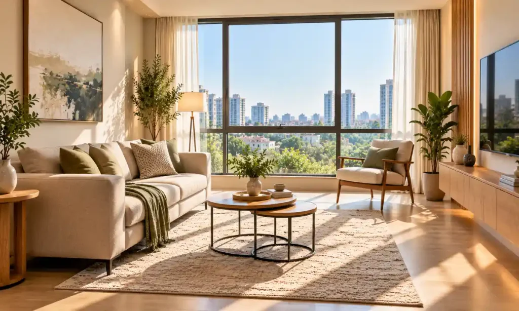 Small living room with an unobstructed large window and lightweight curtains.
