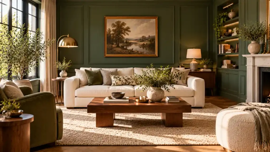 Heritage green living room walls with ivory seating, walnut furniture and brass accents.
