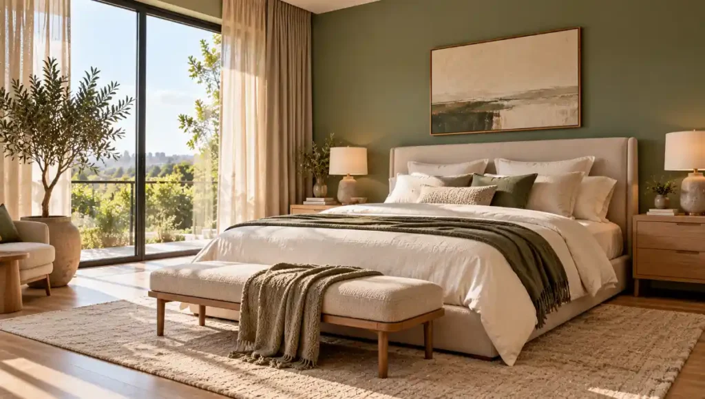 Sage green bedroom with cream bedding, an upholstered headboard and pale oak furniture.