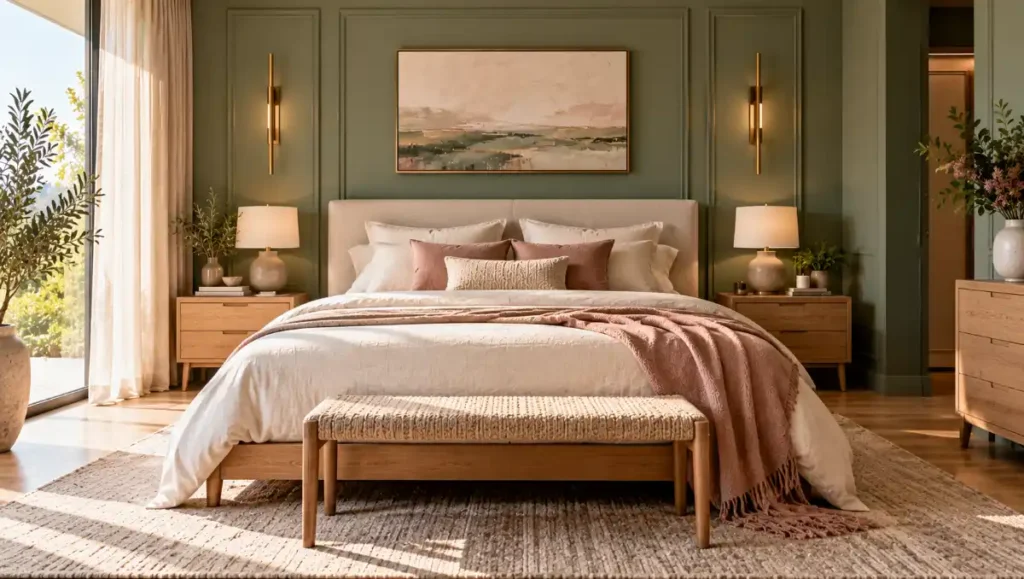 Bedroom combining sage green walls with blush pink textiles and ivory bedding.
