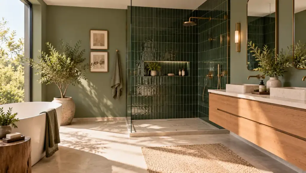 Contemporary bathroom combining sage green walls with deep forest green tiles and oak furniture.