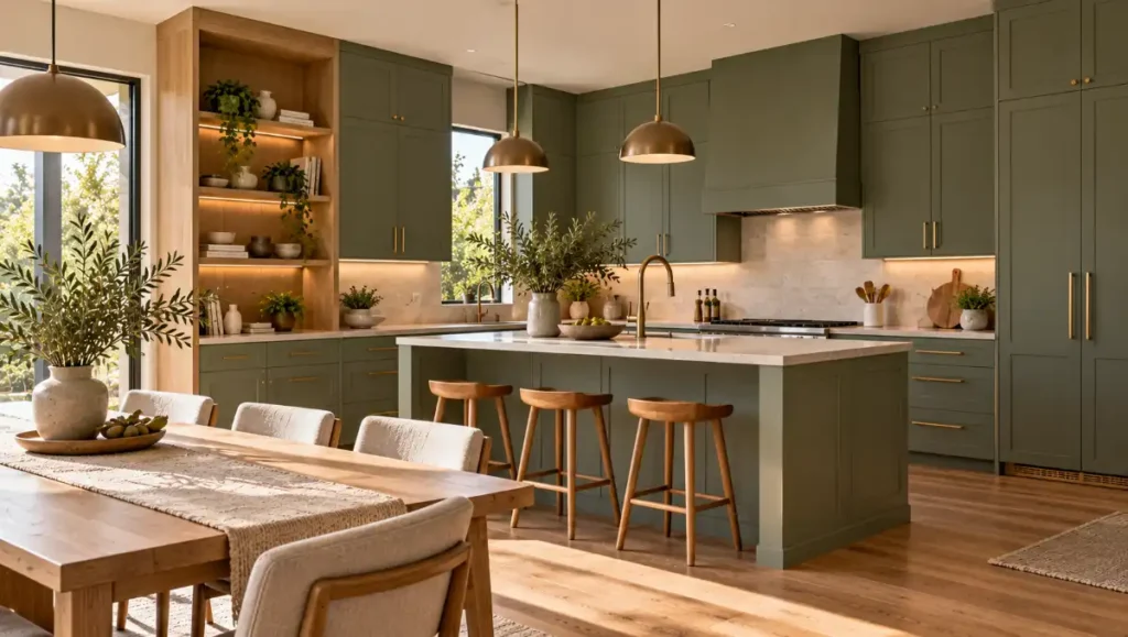 Sage green kitchen cabinets paired with natural oak shelving and a cream stone countertop.