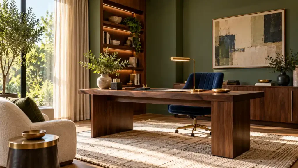 Sage green home office with a navy upholstered chair, walnut desk and brass lighting.