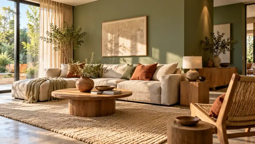 Sage green living room decorated with terracotta cushions and earthy ceramic accessories.