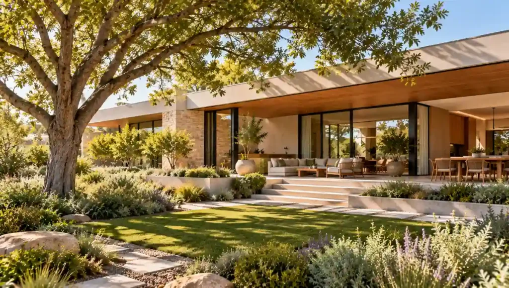 Modern house with a mature tree shading windows and a terrace during sunny weather.