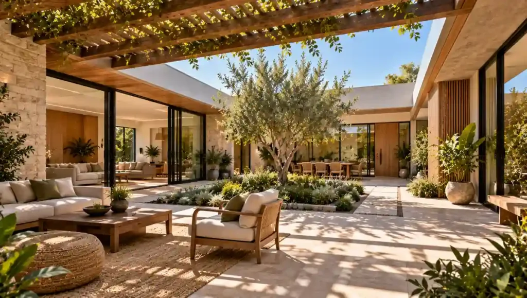 Contemporary home courtyard with a shaded veranda, pergola, greenery and protected glazing.