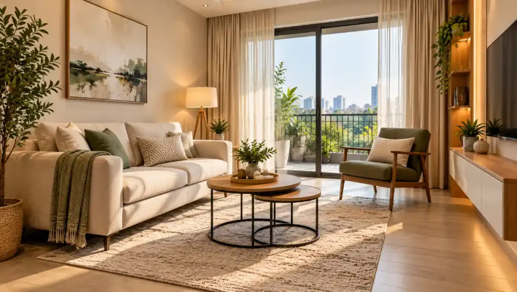 Compact living room furnished with a small sofa, slim chair and nesting tables.