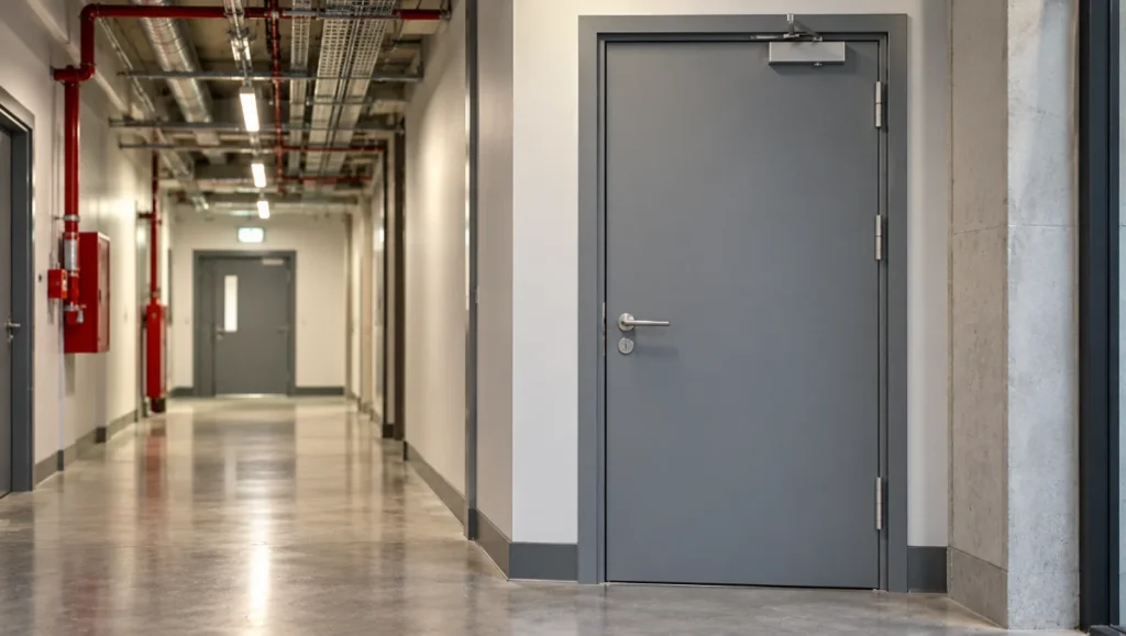 Grey steel fire-rated door with closing hardware in a commercial service corridor.