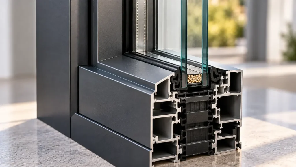 Close-up of a thermally broken aluminium frame combined with an insulated double-glazed unit.