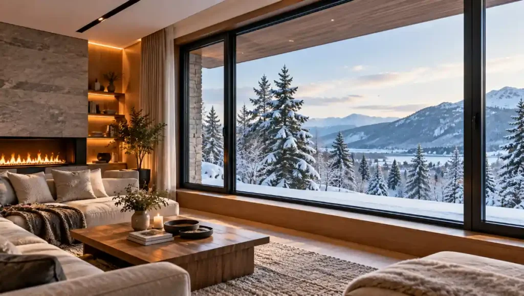 Thermally broken aluminium window separating a warm contemporary interior from a snowy winter landscape.